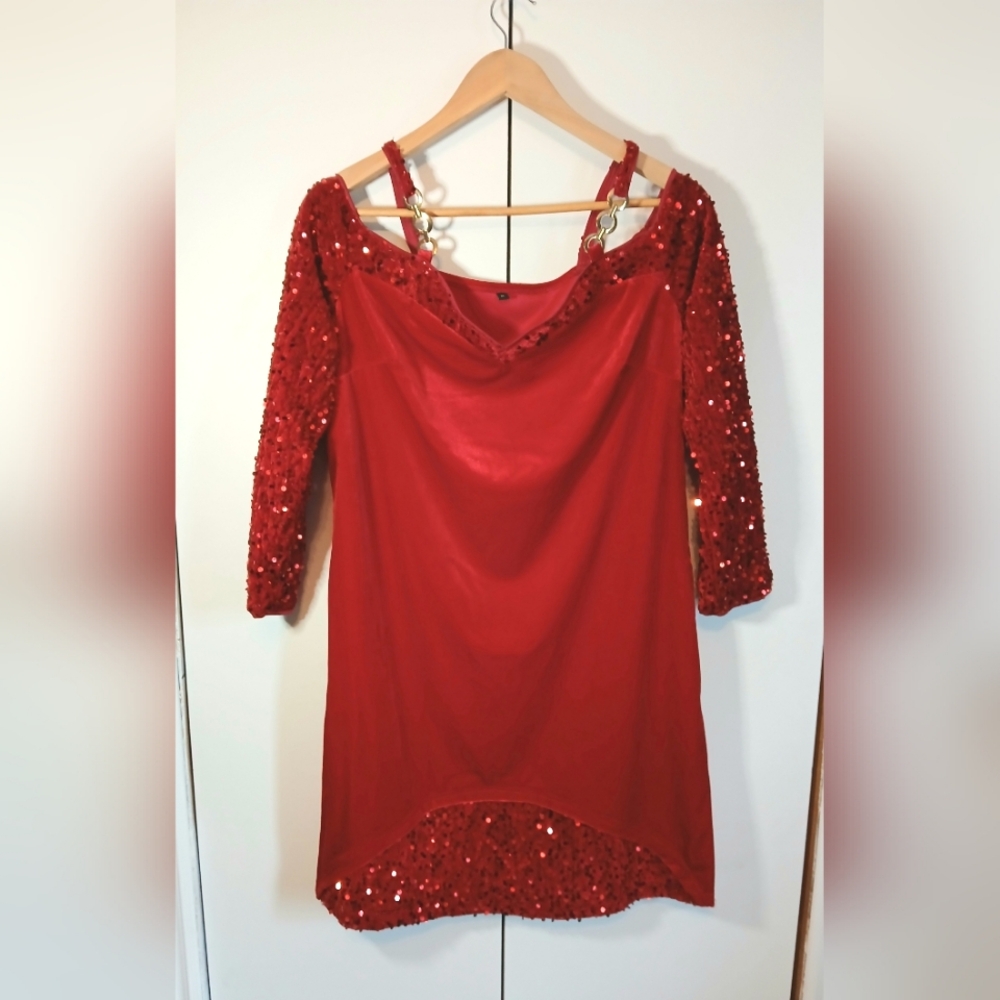 Red Sequin Off Shoulder Party Dress XL Holiday Glam